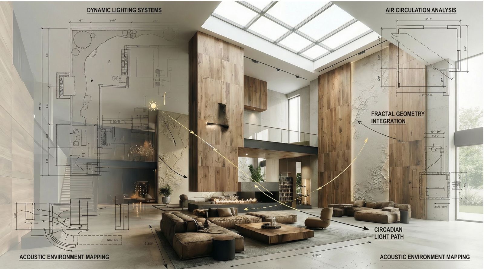 Architectural interior with longevity wellness annotations